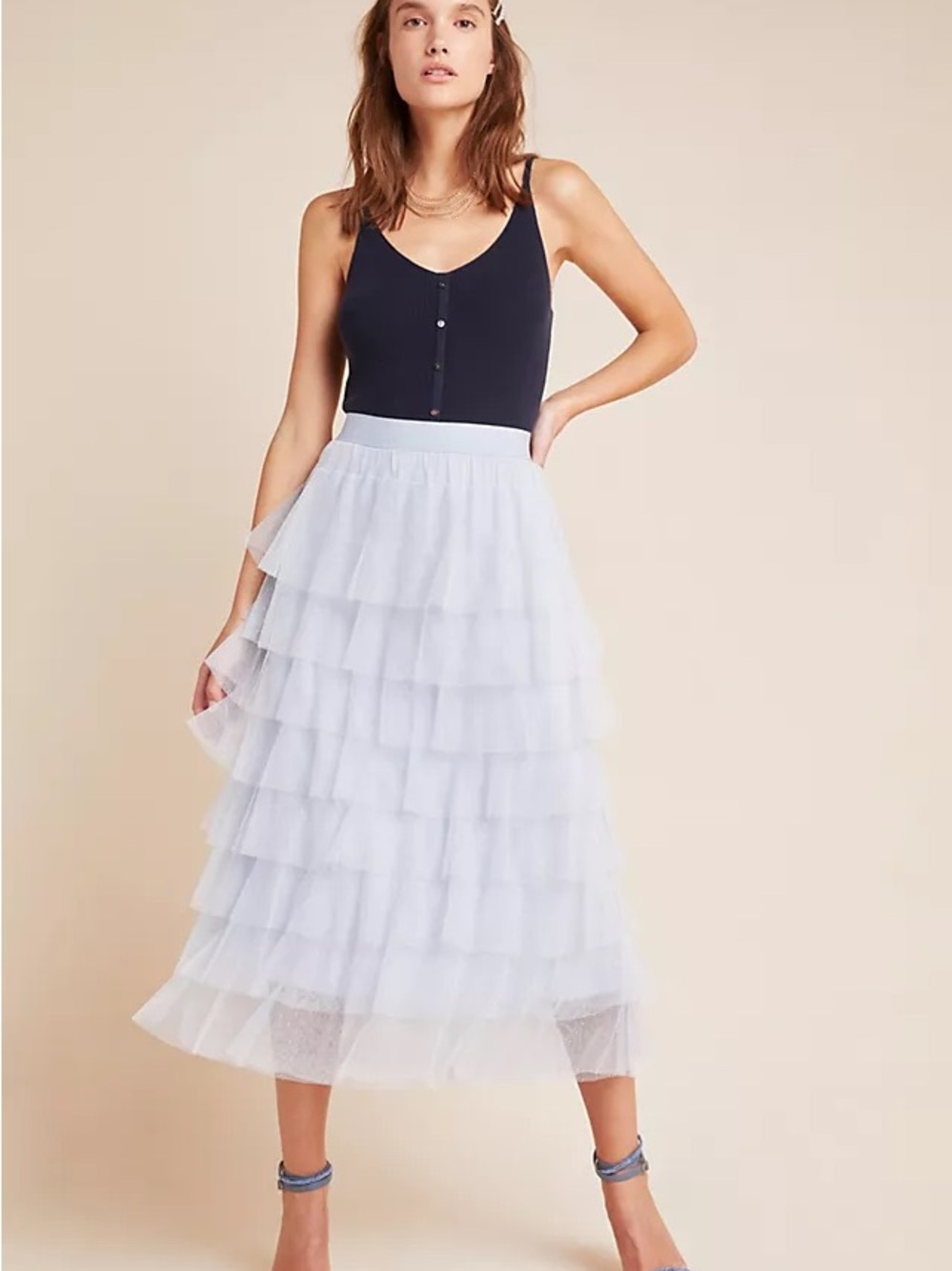 Anthropologie Pale Blue Tiered Tulle Midi Skirt